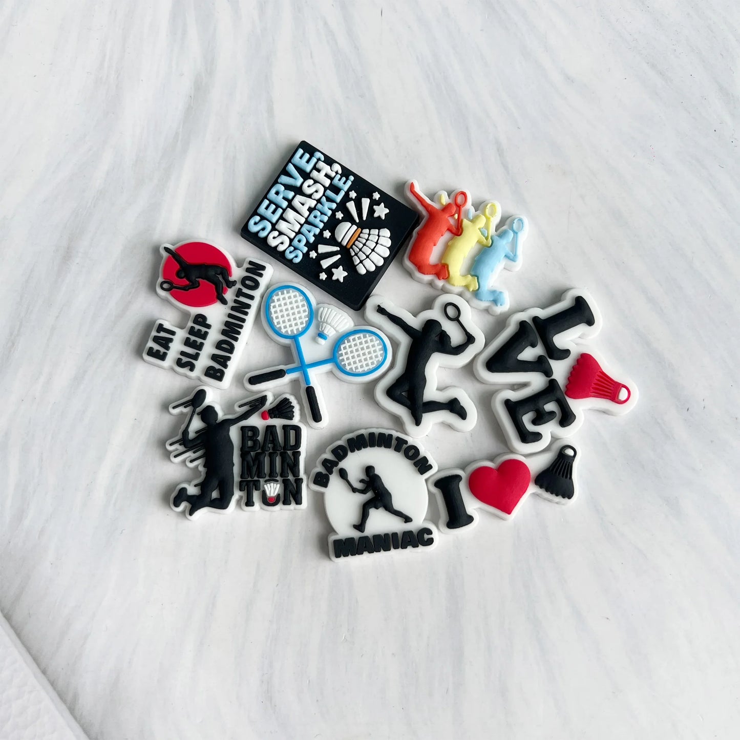 1-9PCS Sport Love Badminton Maniac PVC Shoe Charms For Clogs Pins Fit Wristbands Garden Shoes Button Decorations Kid Gift