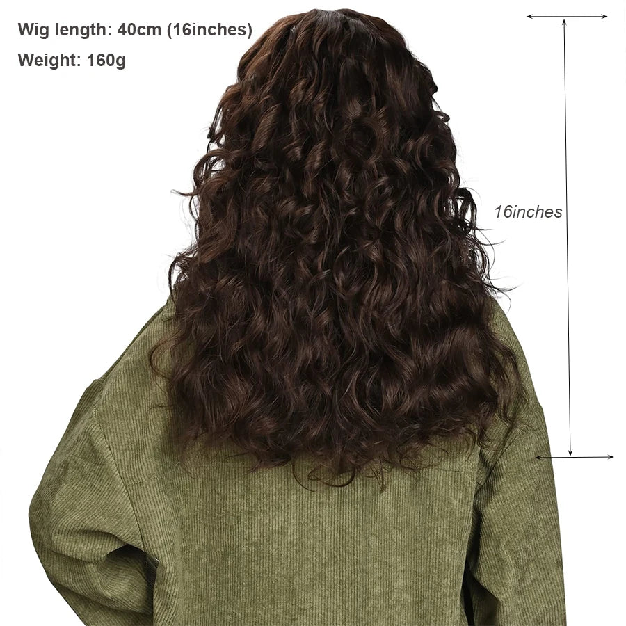 Curly Wig with Bangs for Women Long 16Inch Kinky Wigs with Wispy Bangs for Daily Use Party Cosplay-Chocolate Brown