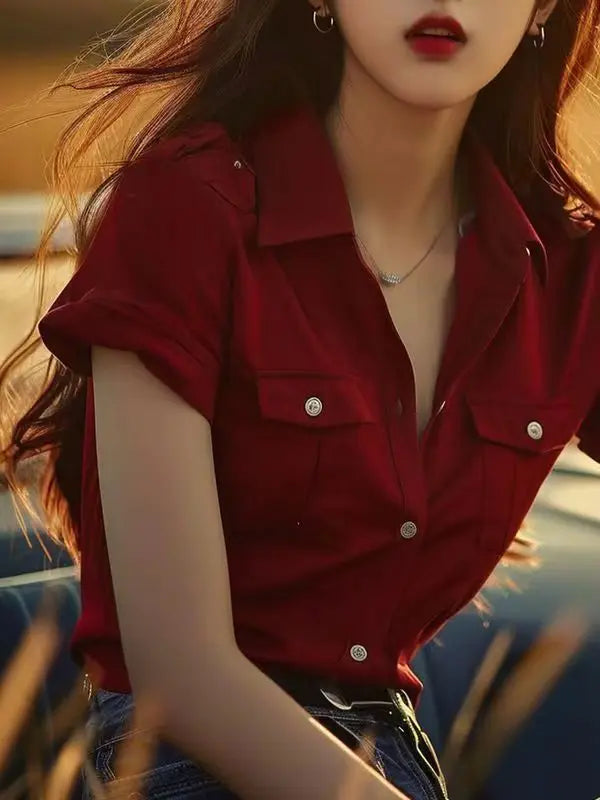 Women Clothes Vintage Youth All-match Shirt Tops Summer New Short Sleeve Solid Loose Simplicity High Street Blouse Fashion Trend