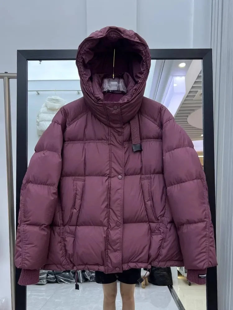 Schinteon Women White Duck Down Jacket with Hood Autumn Winter Warm Outwear Korean Style Over Size Loose Solid Color Coat 2025