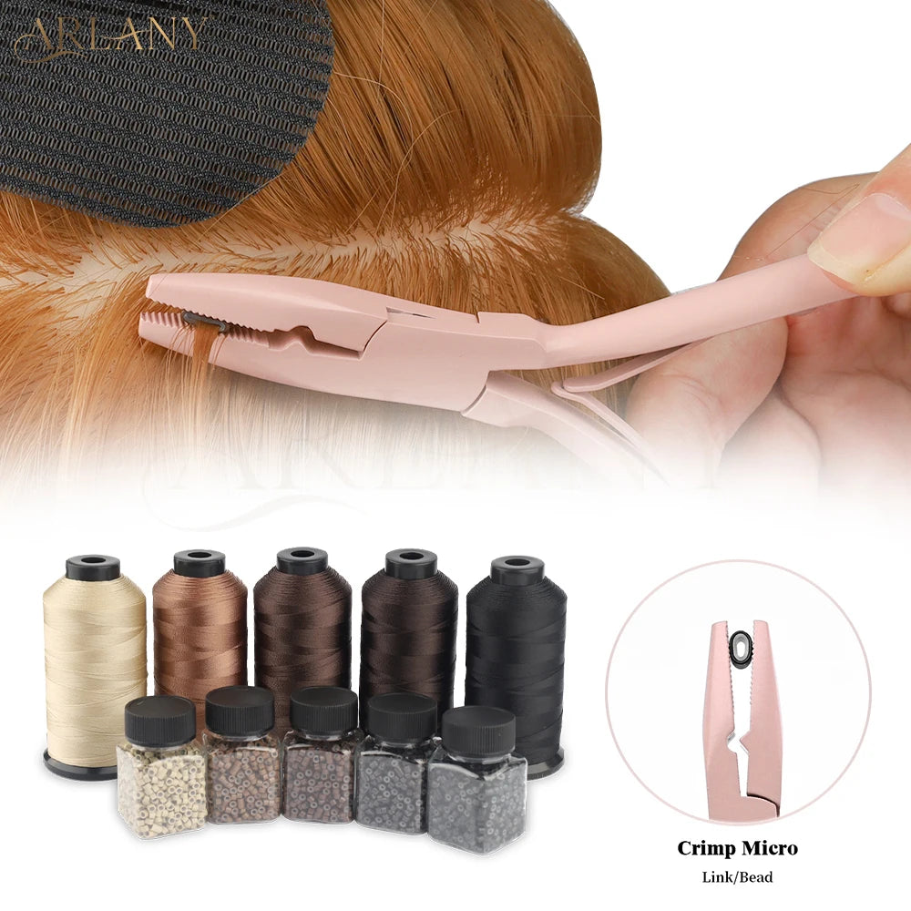 ARLANY 1000Pcs Micro Rings Links Beads Weft Extension Kit With Nylon Bonded Sewing Thread For Sew-In Weft Hair Extension
