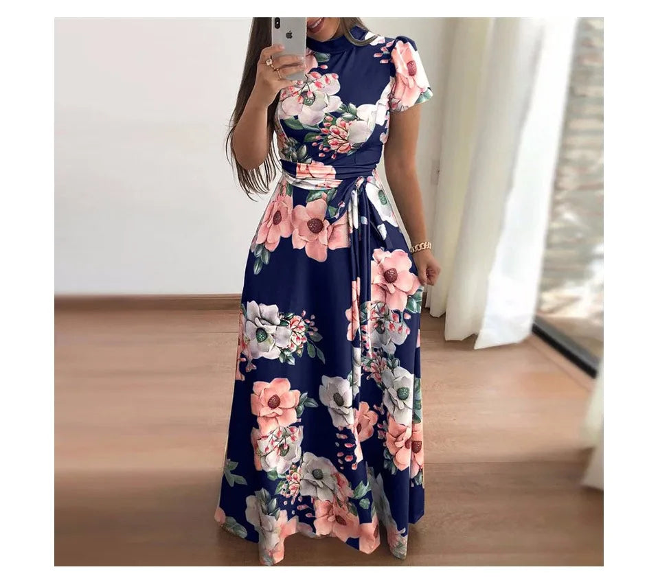Women Summer Maxi Dress 2025 Casual Long Sleeve Boho Floral Print LOOSE Dress Turtleneck Bandage Elegant Party Dresses Vestidos