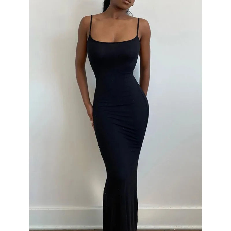 Women Backless Sexy Maxi Dress 2025 Spring Satin Slip Sleeveless Slim Party Concise Платье Female Bodycon Dress Elegant Clothing