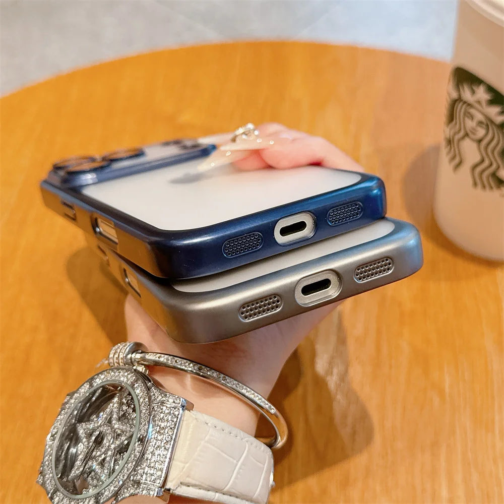 Luxury Frosted Transparent Matte Phone Case For iPhone 16 15 17 Pro Max Air Full Lens Protector Metallic Color Frame Armor Cover