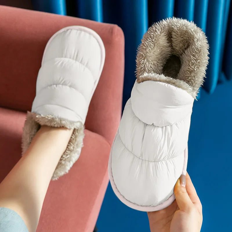 WDZKN Fashion Women Home Cotton Shoes Winter Warm Plush Slip On Slippers Waterproof Down Soft Bottom Indoor Couple Outside Shoes