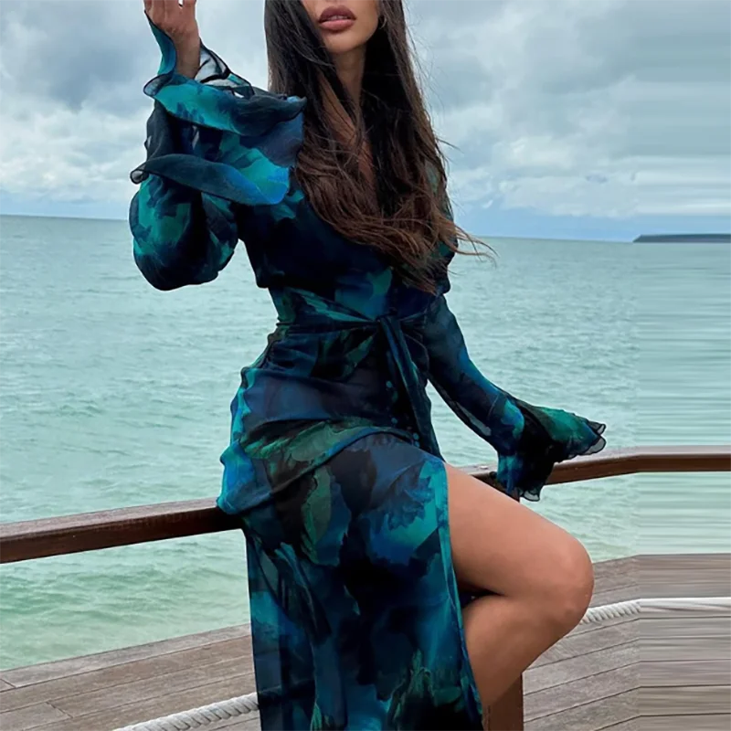 Show Style Floral Print Maxi Slim Dress Women Luxury Deep V-Neck Chiffon Party Dress 2025 Spring Elegant Long Sleeve Slit Dress