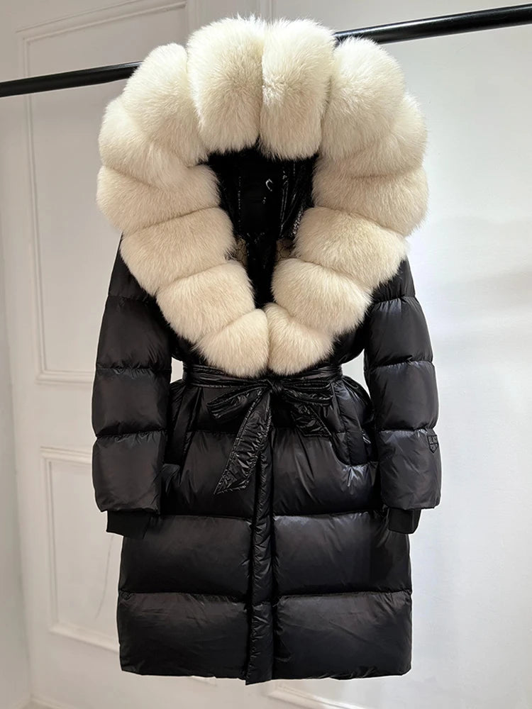 Janveny Winter Real Natural Fox Fur Hooded Long Puffer Down Jacket Women 90% Goose Down Coat Thick Warm Female Shiny Parkas