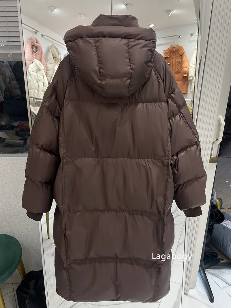 Lagabogy 2025 New Winter Women Puffer Jacket Female White Duck Down Coat Large Version of Warm Hooded Loose Thickened Long Parka
