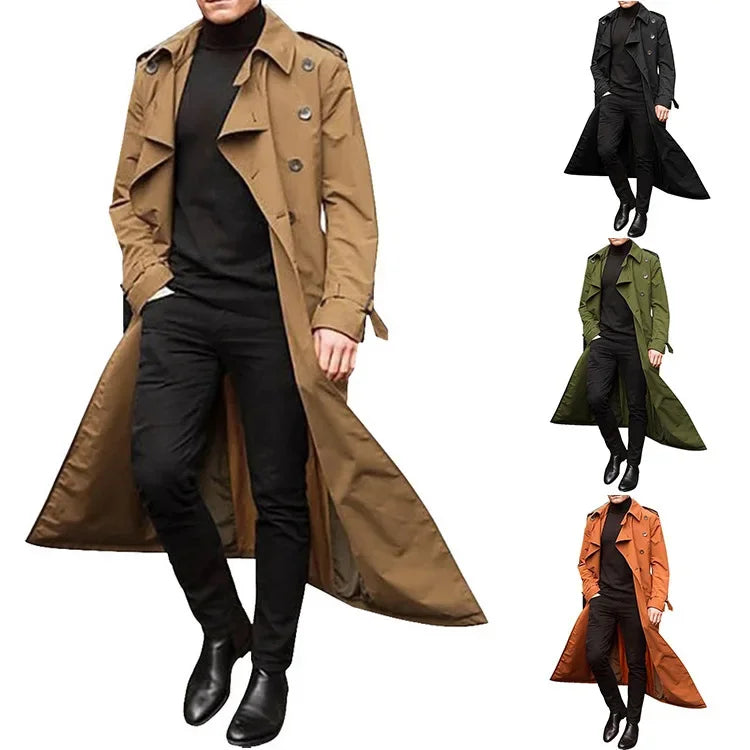 Men's Long Trench Coat Clothing Long Sleeve Loose Autumn Winter Solid Color Button Fashion Coats Trench