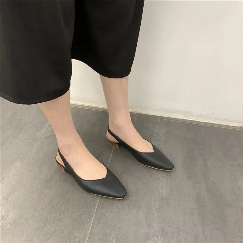 Elegant Slingback Flat Sandals Women Solid Leather Pointed Toe Shoes Summer Ladies Rear Strap Sandalias Low Heel Mary Janes 2025