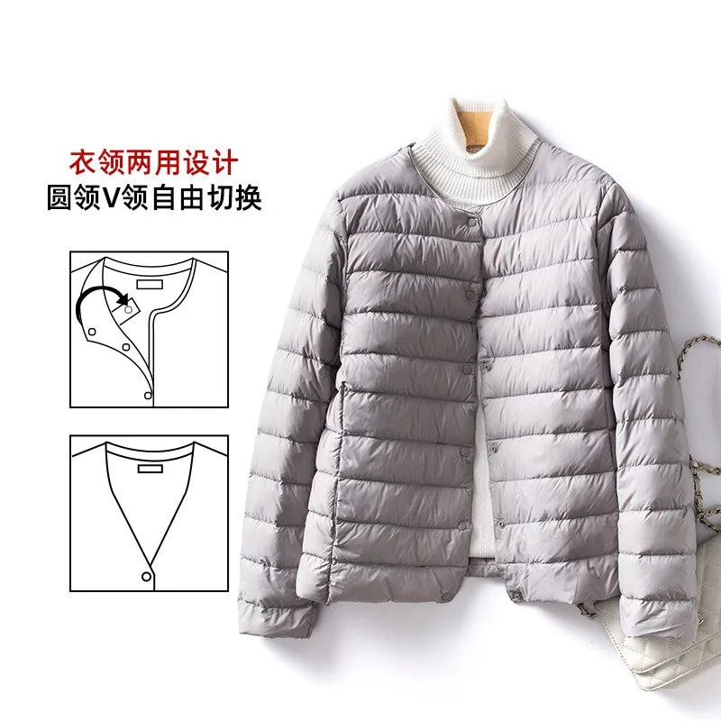 Light Down Coat Women Liner Duck Down Jacket O-neck Variable V-neck New Female Winter Collarless Ultralight Quilted Puffer Coat