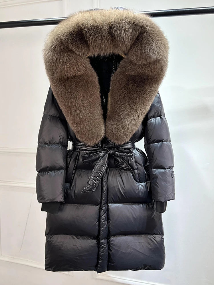 Janveny Winter Real Natural Fox Fur Hooded Long Puffer Down Jacket Women 90% Goose Down Coat Thick Warm Female Shiny Parkas