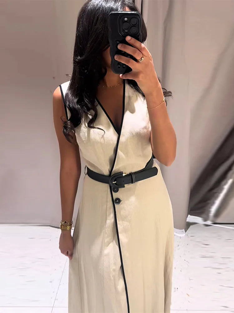 Y2K Patchwork V-neck Midi Dress With Belt Women Elegant Sleeveless Evening Party Tank Dress Summer Vacation Chic Beach Vestidos