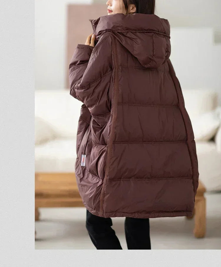 2024 New Winter Women 90% White Duck Down Jacket Casual Loose Over Size Warm Parka Female Drawstring Hooded Puffer Coat