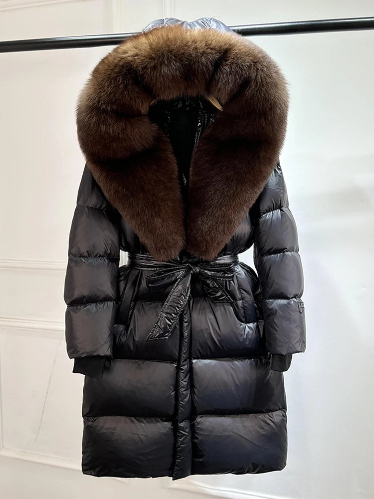 Janveny Winter Real Natural Fox Fur Hooded Long Puffer Down Jacket Women 90% Goose Down Coat Thick Warm Female Shiny Parkas