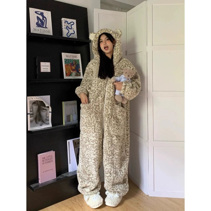 Leopard Hooded Pajamas Animal Kigurumi Unicorn Adult Onesies for Women Winter Sleepwear Flannel Pochets Overall Sets Slippers