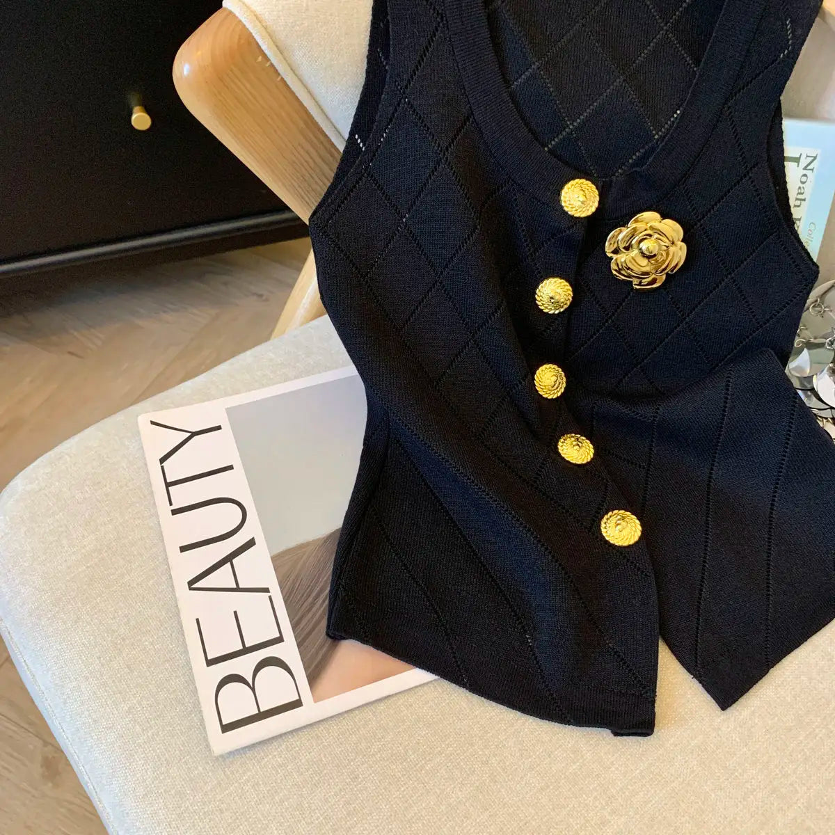 Women Clothes Stylish Vintage Elegant Luxury Chic Hollow Button Knitted Vest Summer V Neck Sleeveless Black White Slim Tank Tops