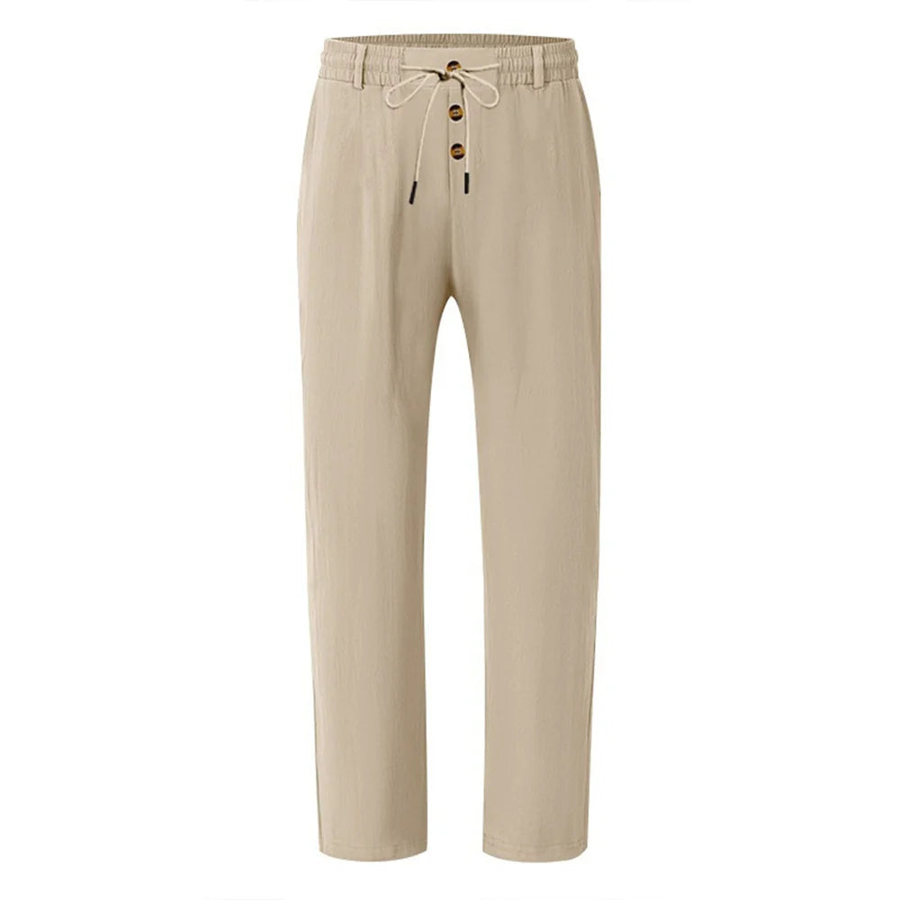 Autumn New Men's Cotton Pants Solid Color Button Drawstring Design Casual Loose Fit Cozy Trousers Simple Style Long Pants