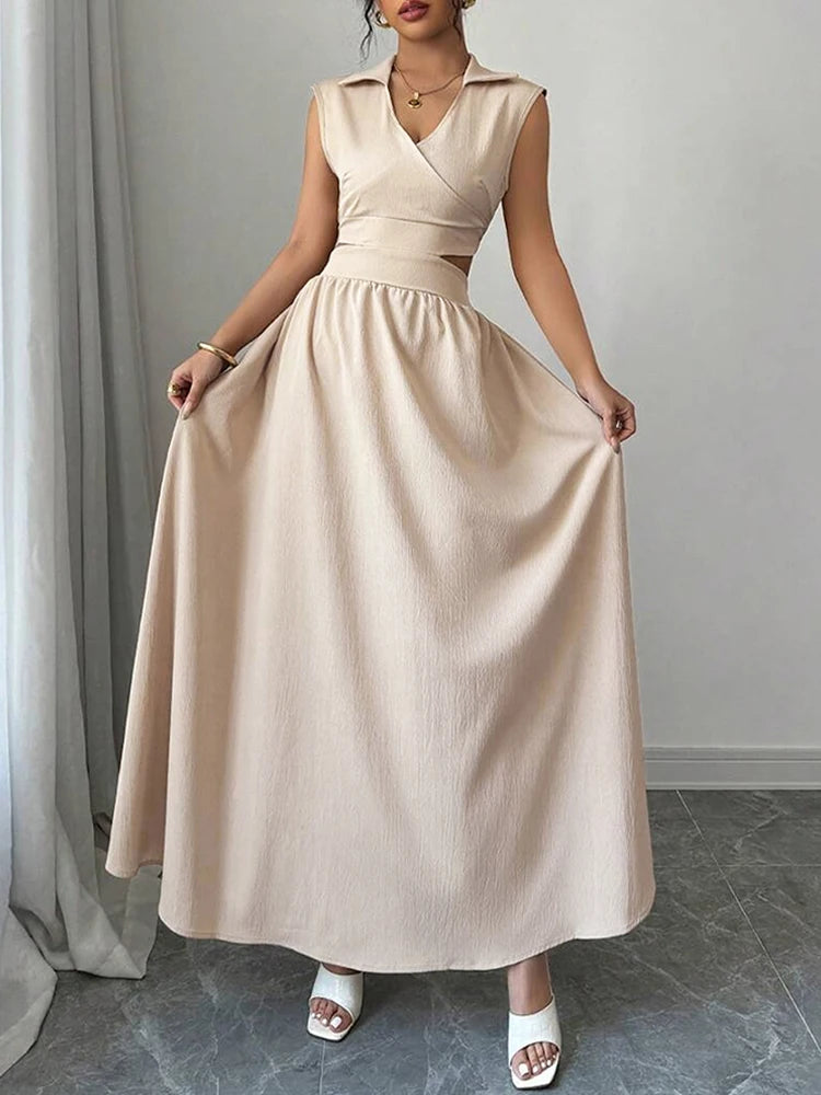 Mia Muse Dresses Summer Comfortable French Elegant Fashion Cut-Out Chic Sleeveless V-Neck Maxi Sweet Dating Dresses For Women