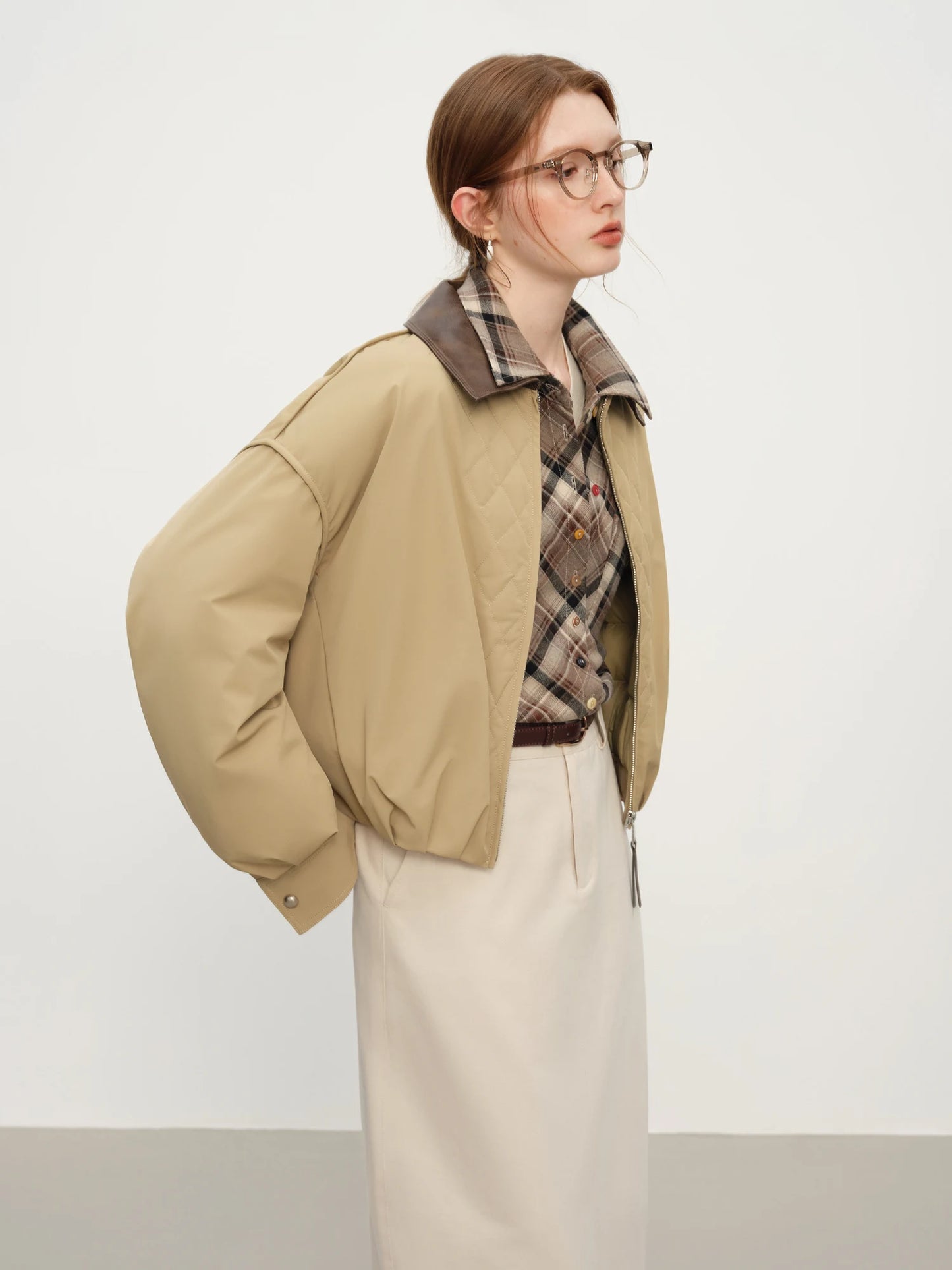 FSLE Barn Style Lightweight Padded Jacket Women's 2025 Winter Vintage Academic Plaid Panel Short Coat Retro College Outerwear