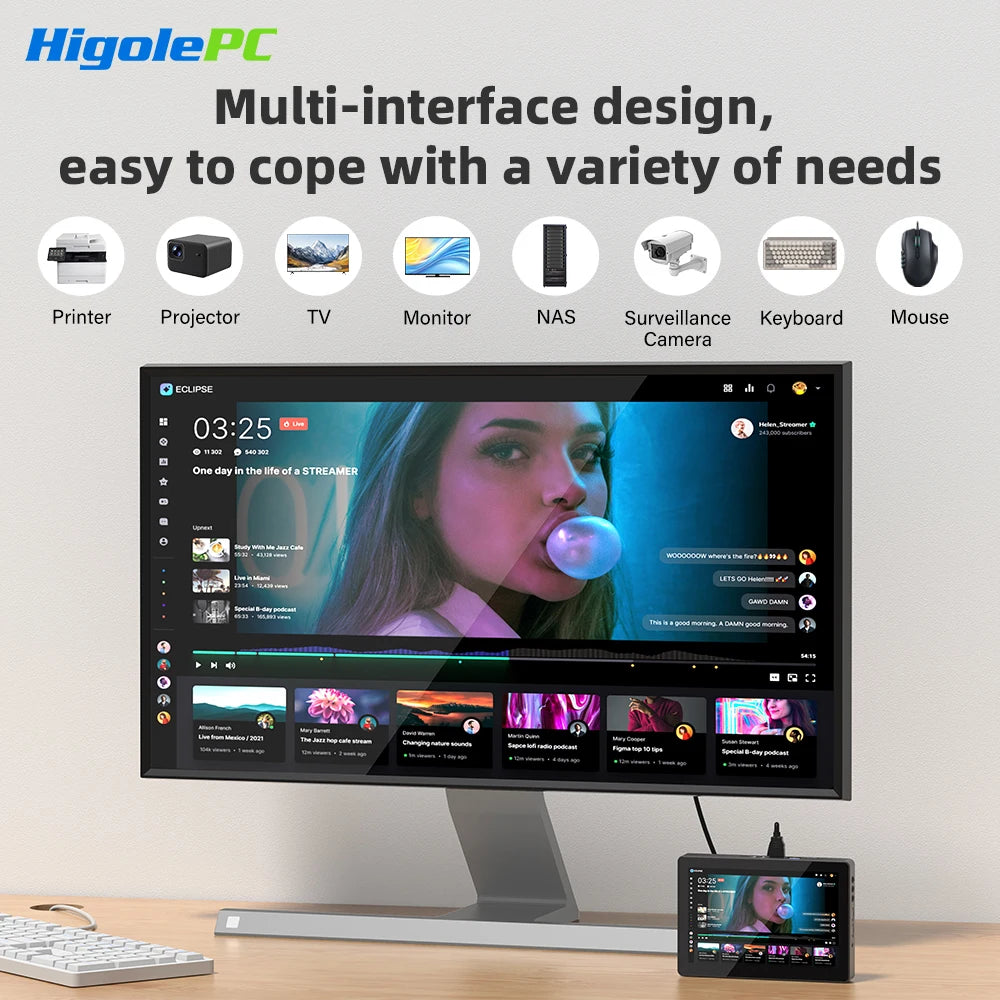 Higole F3APL 8'' Fanless Mini PC with Screen Intel N4200 Windows 10 WiFi5 4GB 64GB 2340mAh 4K Laptop Desktop PC Mini Computer