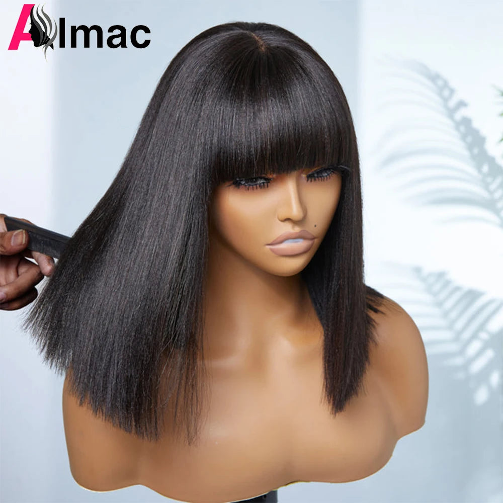 Ready to Go Yaki Straight Short Bob Wig With Bangs 2x1 Lace Glueless Virgin Remy Human Hair Undetectable Lace Blunt Cut Bob Wig