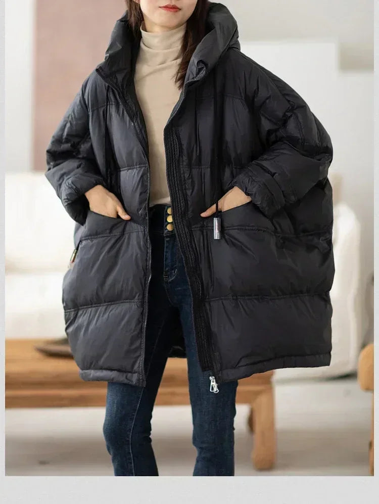 2024 New Winter Women 90% White Duck Down Jacket Casual Loose Over Size Warm Parka Female Drawstring Hooded Puffer Coat
