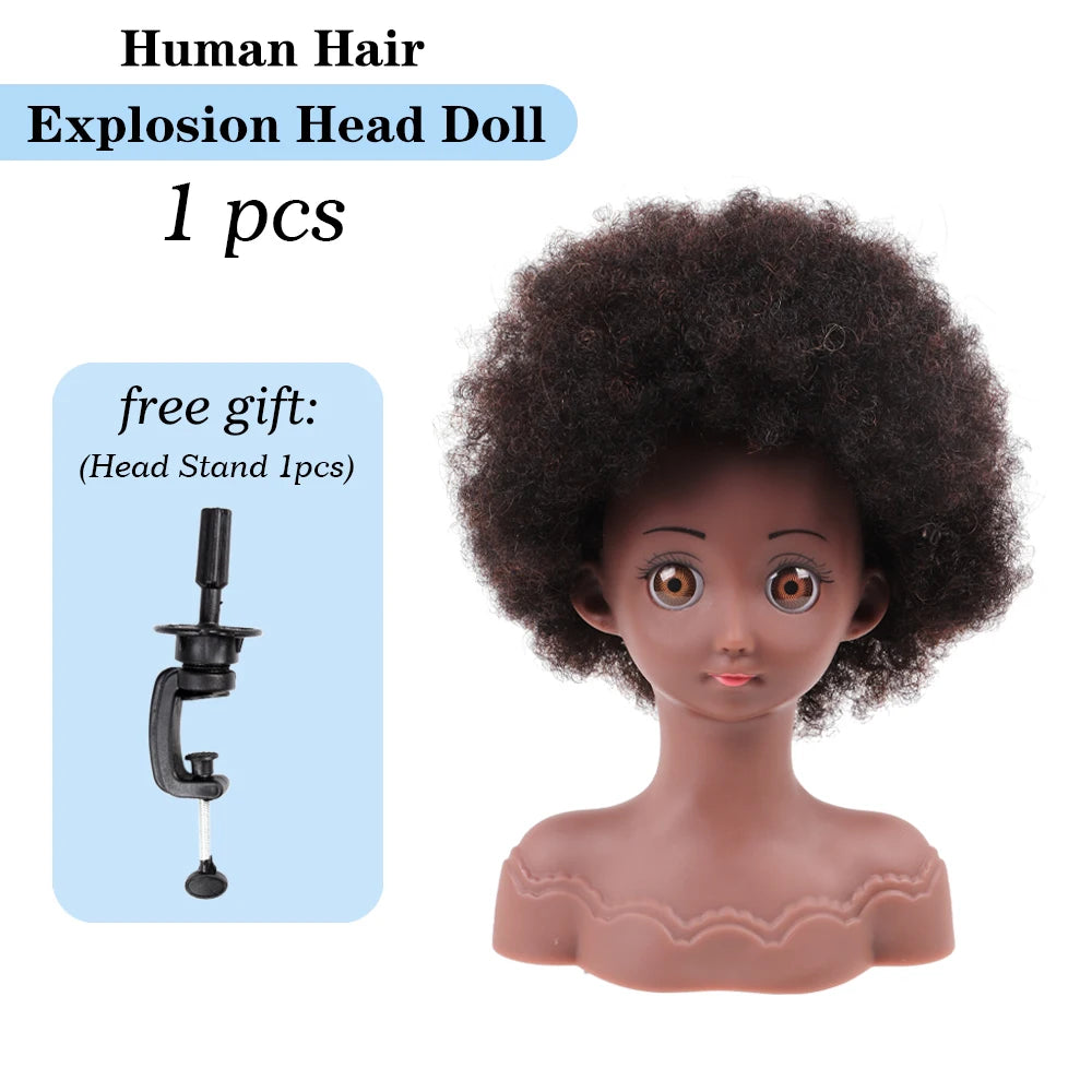 Real Human Hair Mannequin Head With Stand Afro Curly Hair Doll Manikin Head For Black Girls Gifts Practice Hair Styling Head