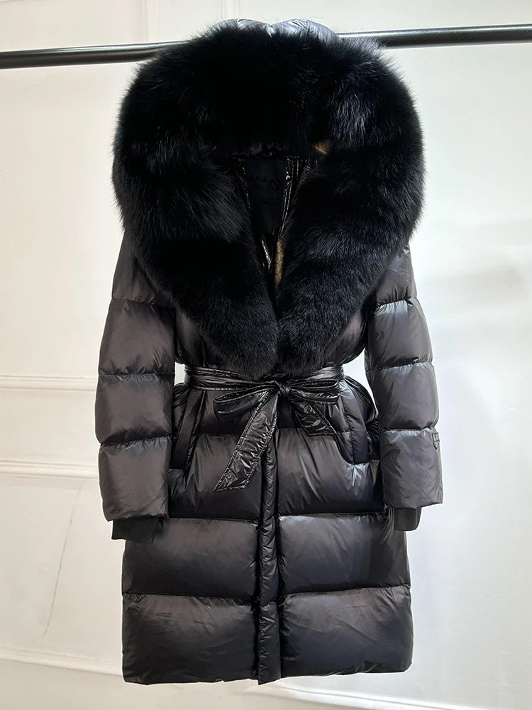 Janveny Winter Real Natural Fox Fur Hooded Long Puffer Down Jacket Women 90% Goose Down Coat Thick Warm Female Shiny Parkas