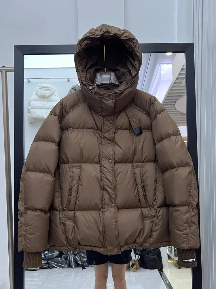 Schinteon Women White Duck Down Jacket with Hood Autumn Winter Warm Outwear Korean Style Over Size Loose Solid Color Coat 2025