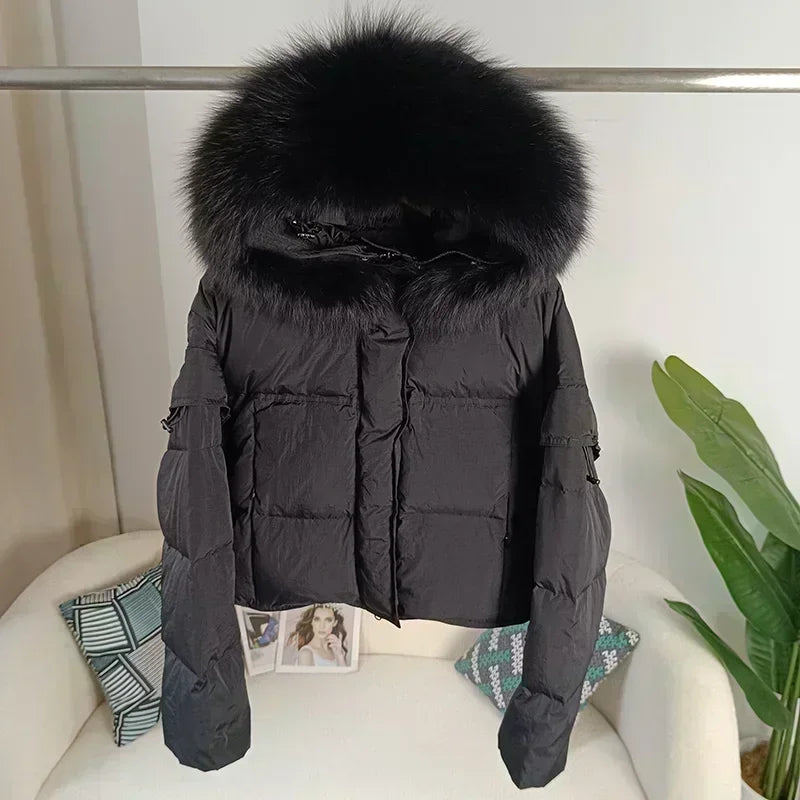 Outerwear Autumn Winter Women Hooded Fashionable Streetwear Detachable Sleeve Real Raccoon Fur Collar Jacket Duck Down Loose
