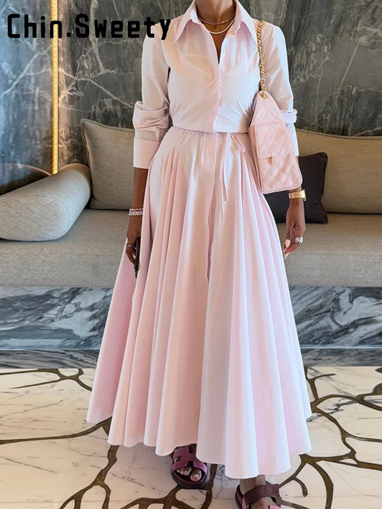 Elegant Single Breasted Khaki Long Dress Women Lapel Short Sleeve Pleat Slim Waist A-line Dresses 2025 Summer Autumn Lady Robes