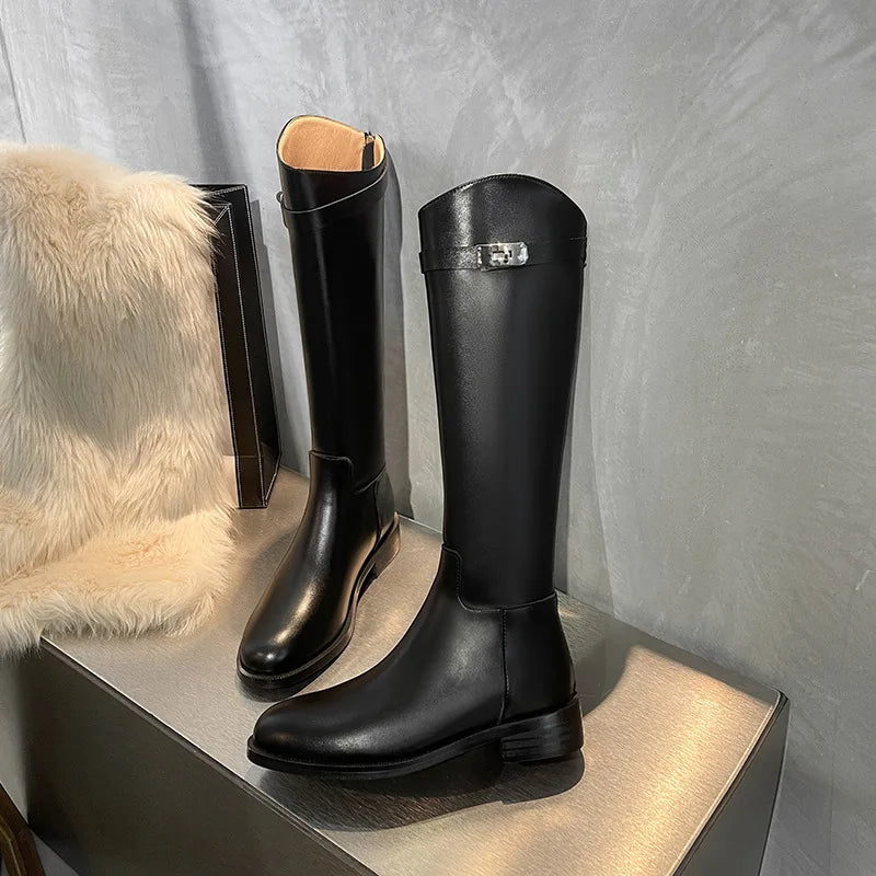 Genuine Leather Thick-Soled Autumn Winter New Style Chunky Heel Rhinestone Buckle High Tube Riding Over-The-Knee Long Boots