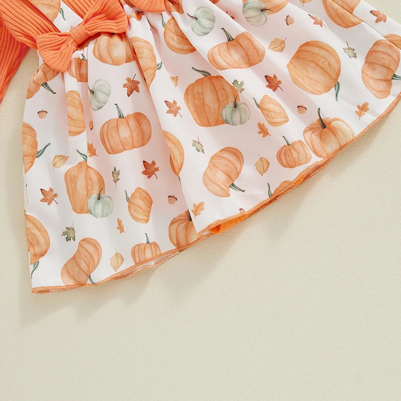 Newborn Baby Girl Halloween Clothes Outfit Pumpkin Ghost Print Long Sleeve Crew Neck Patchwork Romper Dress with Headband