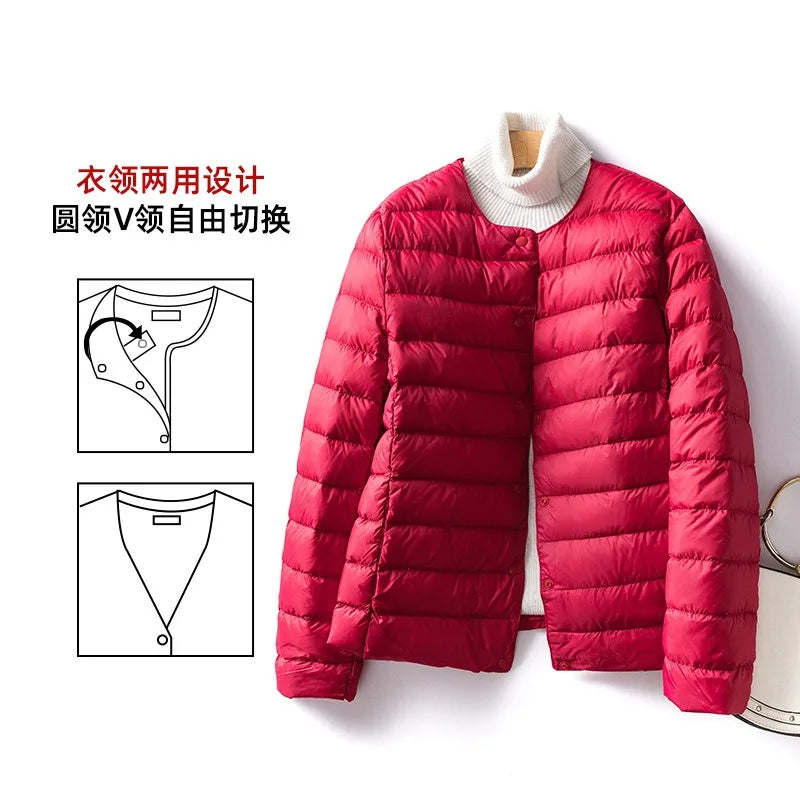 Light Down Coat Women Liner Duck Down Jacket O-neck Variable V-neck New Female Winter Collarless Ultralight Quilted Puffer Coat