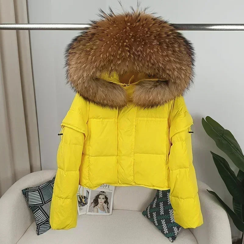 Outerwear Autumn Winter Women Hooded Fashionable Streetwear Detachable Sleeve Real Raccoon Fur Collar Jacket Duck Down Loose