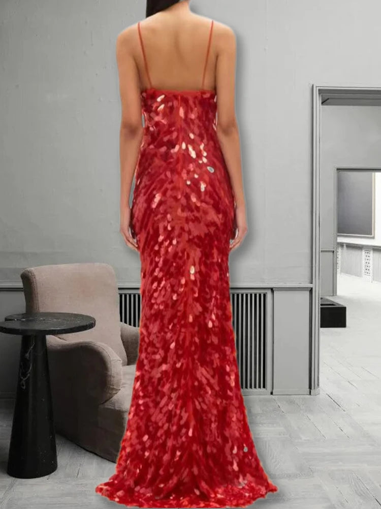 Sexy Women Maxi Dresses Elegant Sequins Sleeveless Female Long Dress Fashion  Solid Deep V Neck Ladies Party Robe Dress