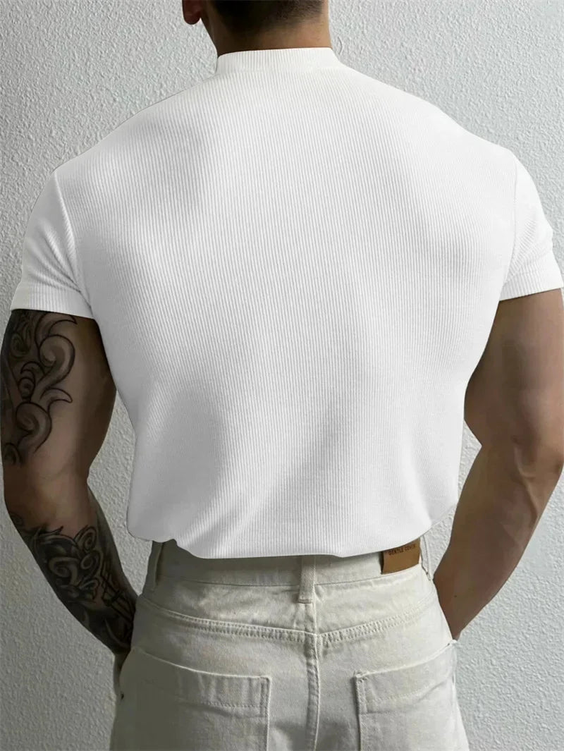spring summer Elastic Comfortable Men's T-shirt Small high collar stripe shirt short sleeve fitness tops sports casual T-shirt
