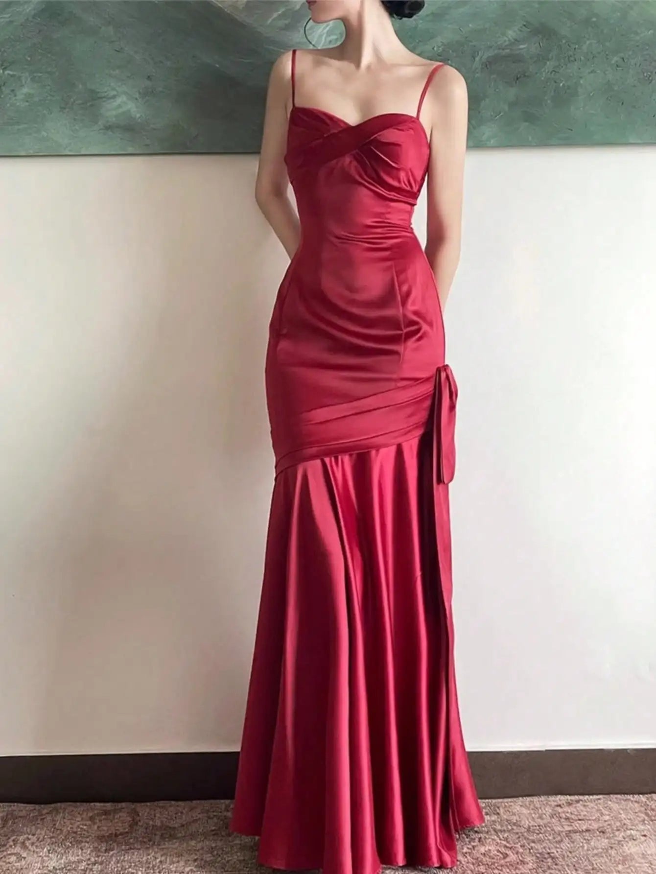 Women Elegant Red Maxi Evening Dresses Vintage Solid A Line Fashion Slim Party Birthday Prom Femmle Wedding Guest Vestido Summer
