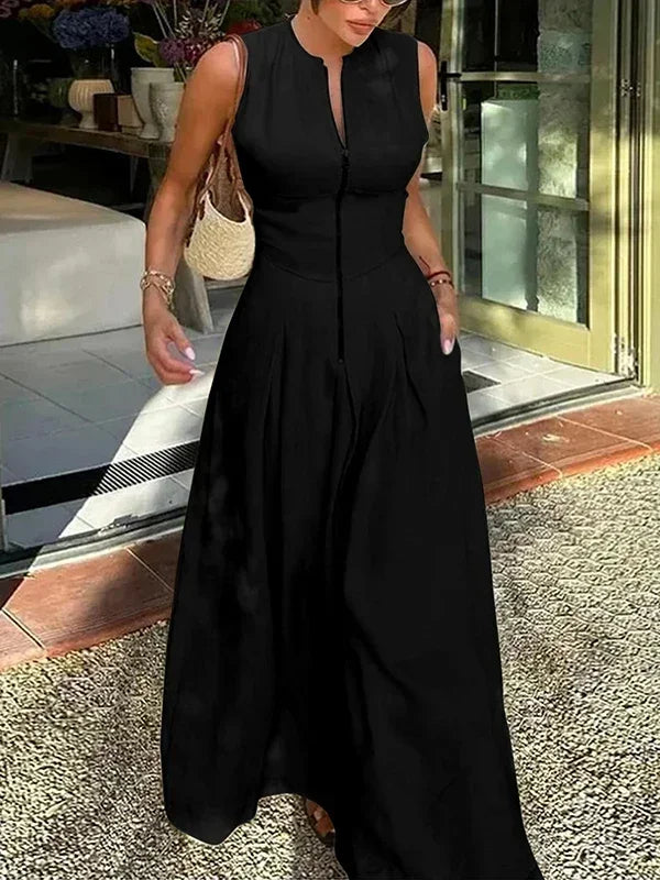Lemongor Women Fashion Solid Color Zipper A-Line Dress 2025 New Summer Sleeveless Pockets Pleated Party Evening Maxi Dresses