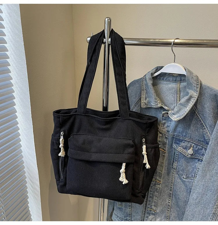 Multi-pocket Women's Bag Corduroy Shoulder Bag Large Capacity Simple Handbag For Female Shopping Bag
