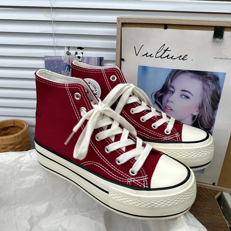 2024 New Style Korean Versatilewine Red High Top Shiny Canva Women's Shoes With Thick Sole 4CM Low Top Sneaker H-1