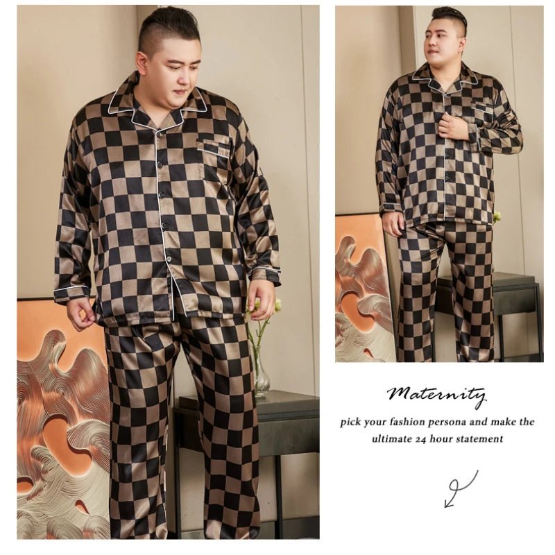 3XL-5XL 165KG Extra Large Size Pajamas Men Print Satin Long Sleeve Trouses Suit Spring Summer Fatty Fattening Loose Home Clothes