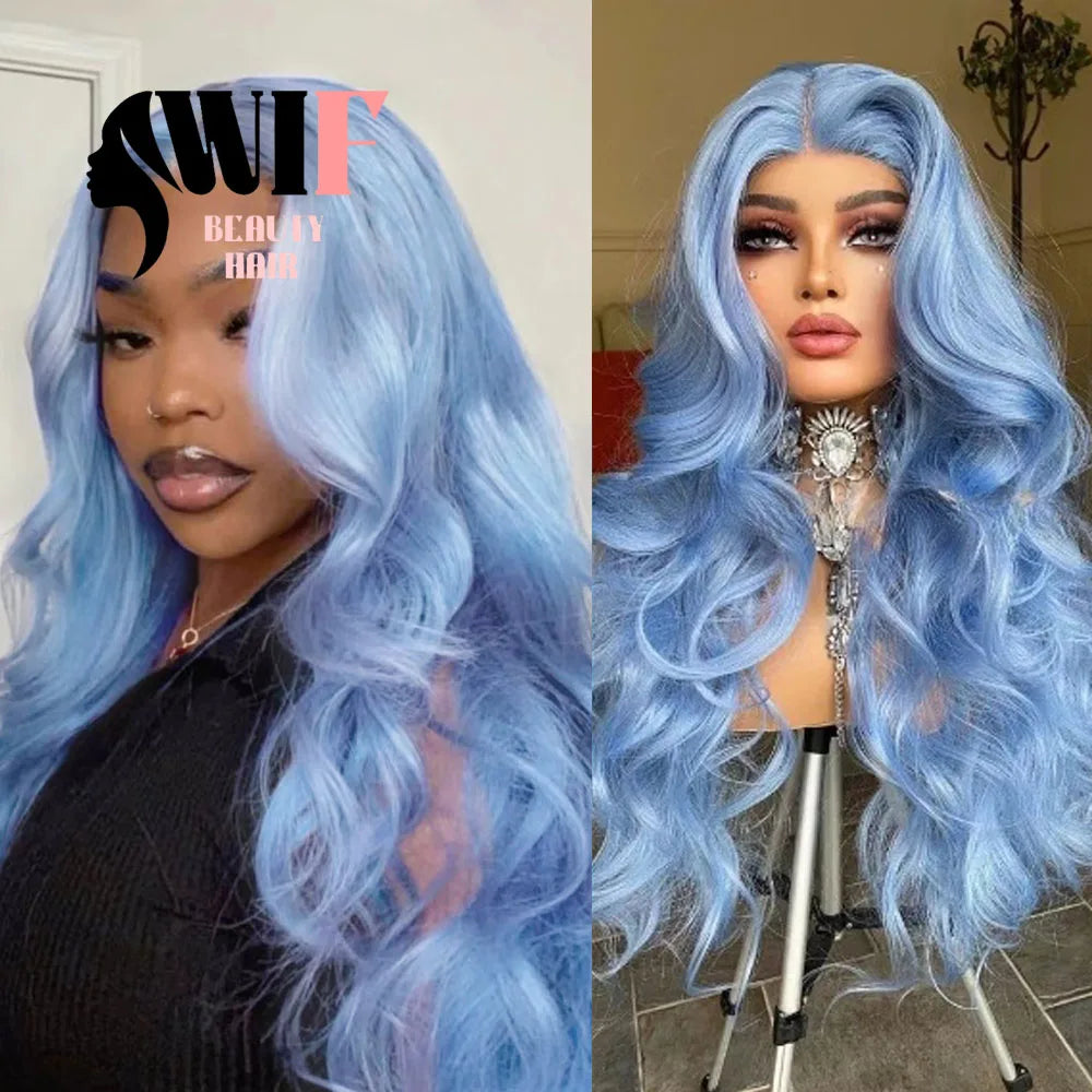 WIF Light Blue Body Wavy Synthetic Wig Natural Hairline Blue Hair Long Wavy Heat Lace Front Wigs Cosplay Use Women Makeup Wig