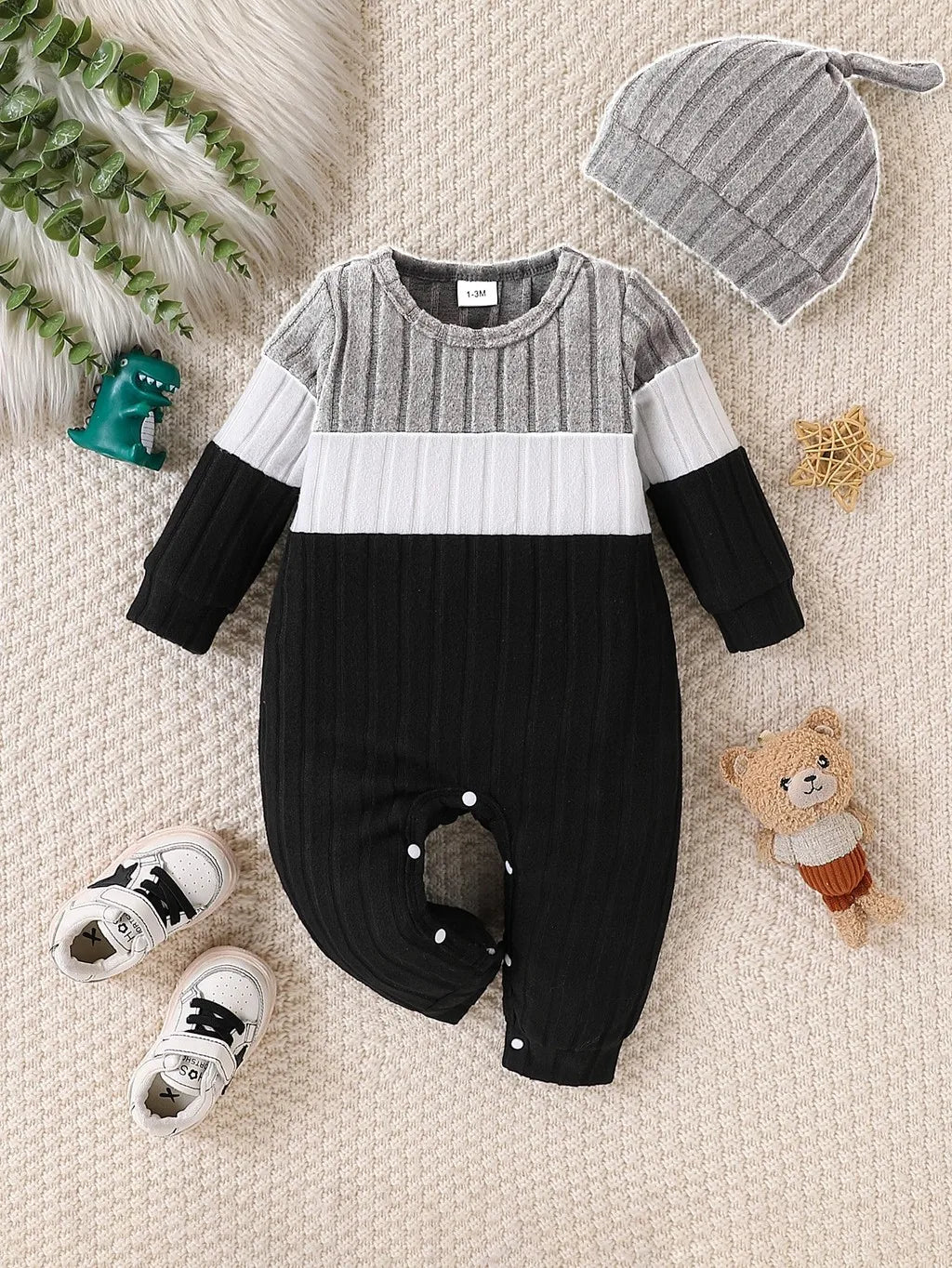 3 Colours Autumn Bodysuits Newborn Baby Boy Long Sleeve Colour Block Romper+Hat Simple Onesie Jumpsuit for Toddlers 1-18Months