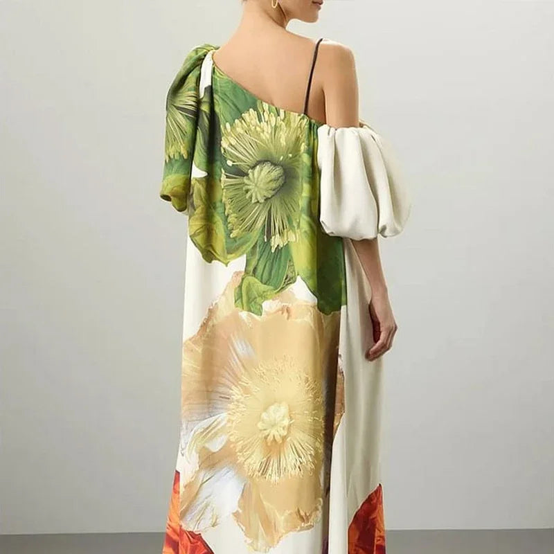 Women New Elegant Floral Printed Evening Maxi Dresses Loose One-Shoulder H-line Vacation Bohemia Dress