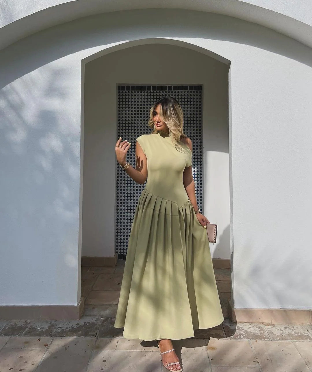 Summer Lady Patchwork Pleated Maxi Dress Chic Elegant Black Half-turtleneck Short Sleeve High Waist Dresses Office Street Robes