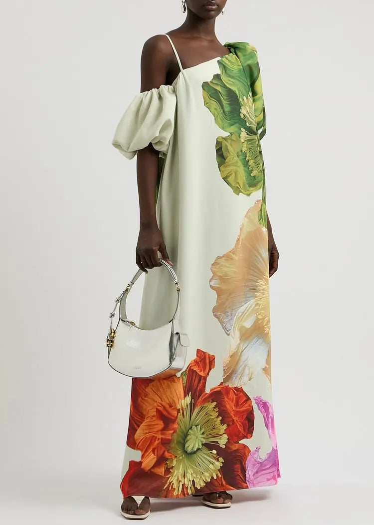 Women New Elegant Floral Printed Evening Maxi Dresses Loose One-Shoulder H-line Vacation Bohemia Dress