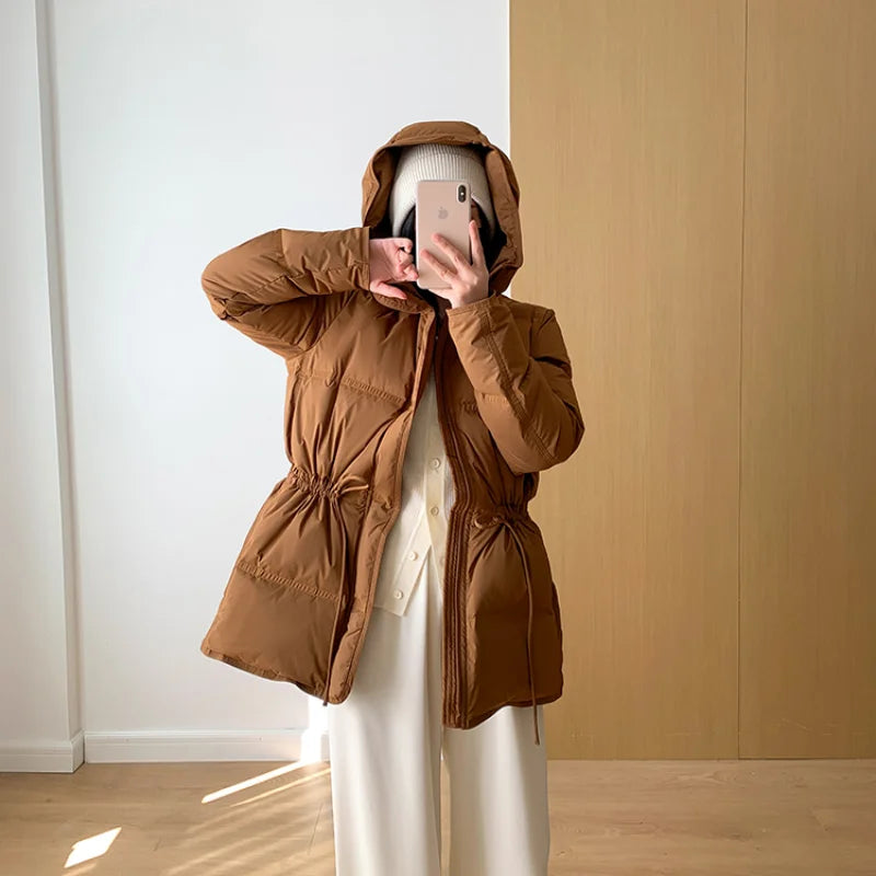 2023 New Autumn Winter Women Fashion Hooded 90% White Duck Down Coat Lady Slim Thick Warm Zipper Drawstring Lace-up Snow Jacket