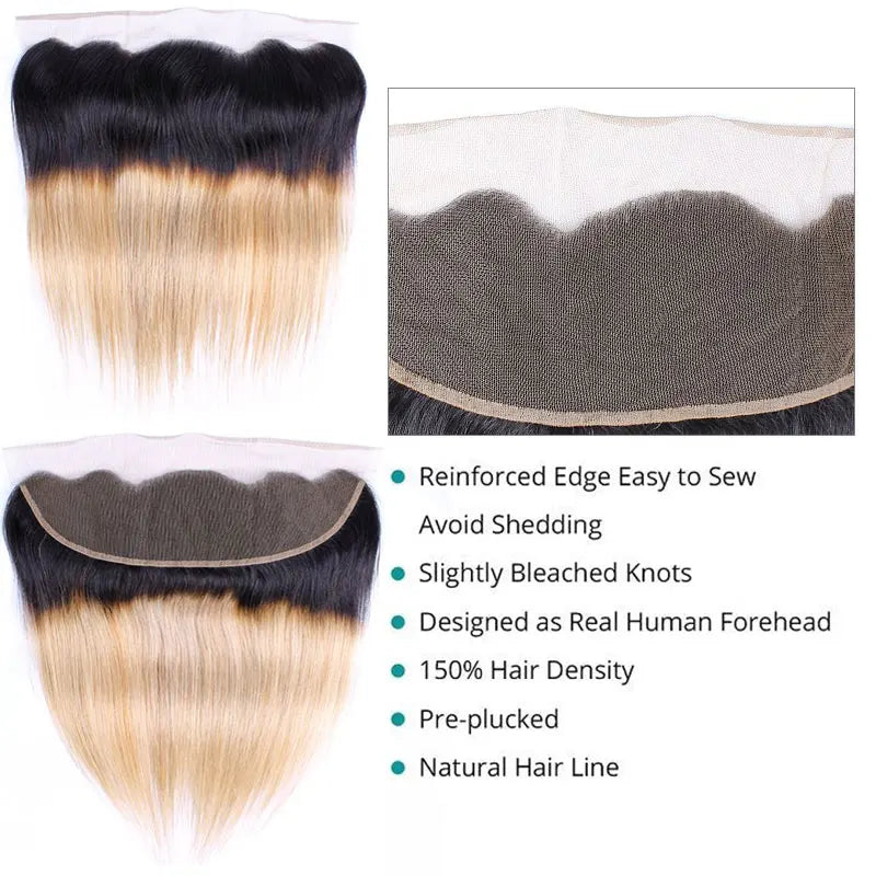10-18 Inch 1B/27 Blonde Lace Frontal Pre Plucked Brazilian Bone Straight Ombre Blonde Human Hair 13x4 Transparent Swiss Lace